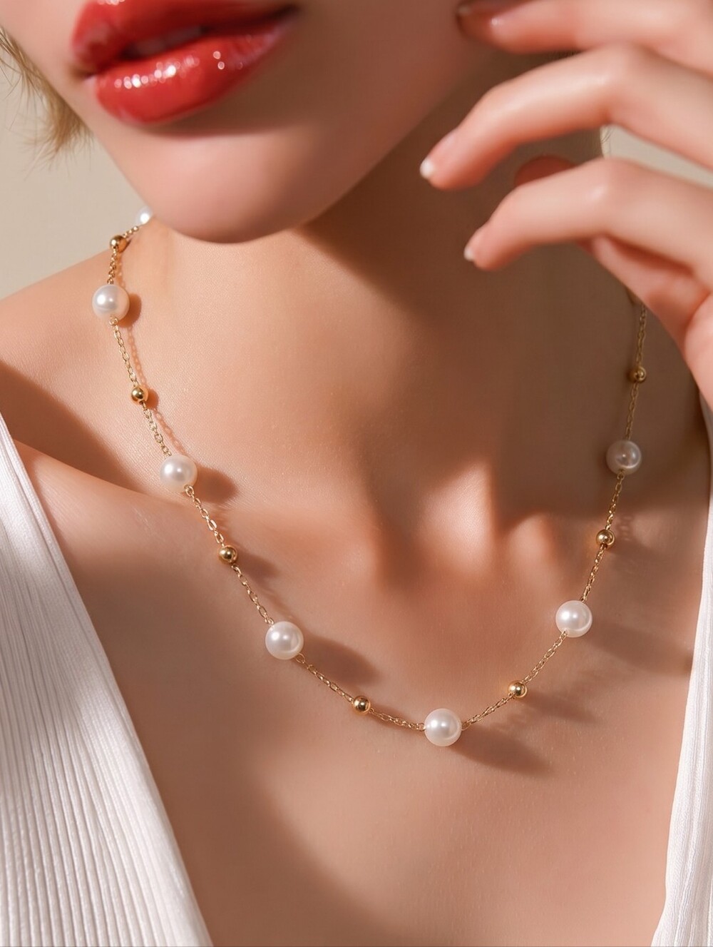 Elegant Gold Faux Pearl Illusion Necklace – Stainless Steel Collarbone Chain